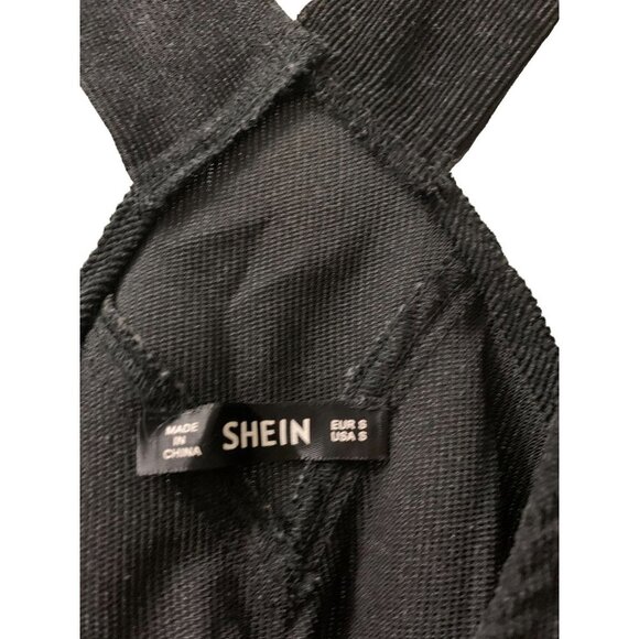 SHEIN Black Corduroy Dress w Adjustable Shoulder Strap V-Neck Bronze Buttons Sma - Picture 3 of 4